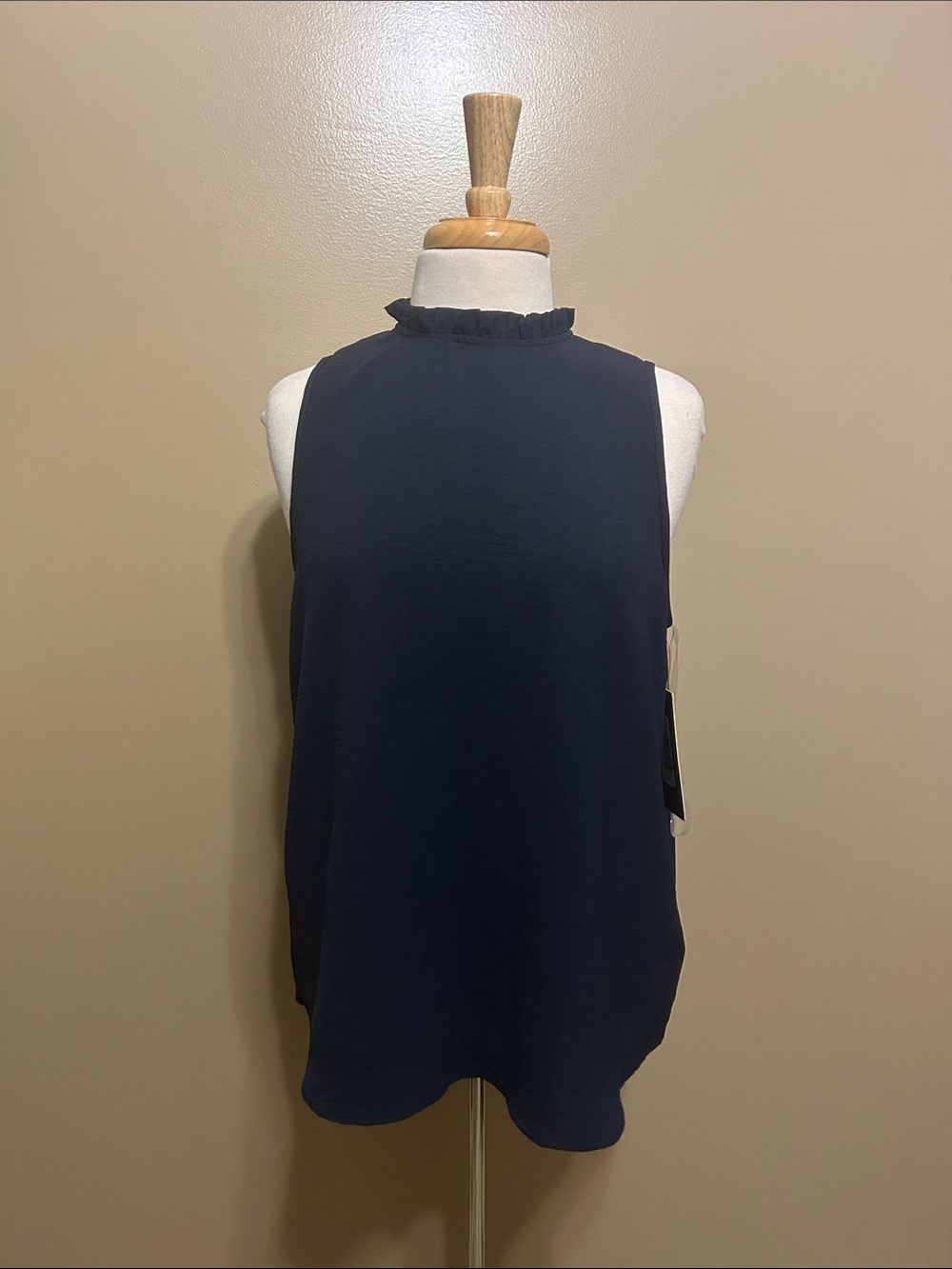 Sleeveless Ruffle Mock-Neck Navy Blouse